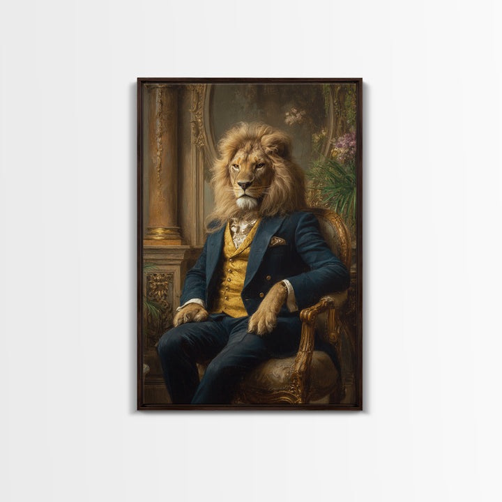 Noble Lion In Blue Suit On Gilded Throne Canvas Print, Regal Animal Wall Art, Luxury Maximalist Office Decor Gift For Him