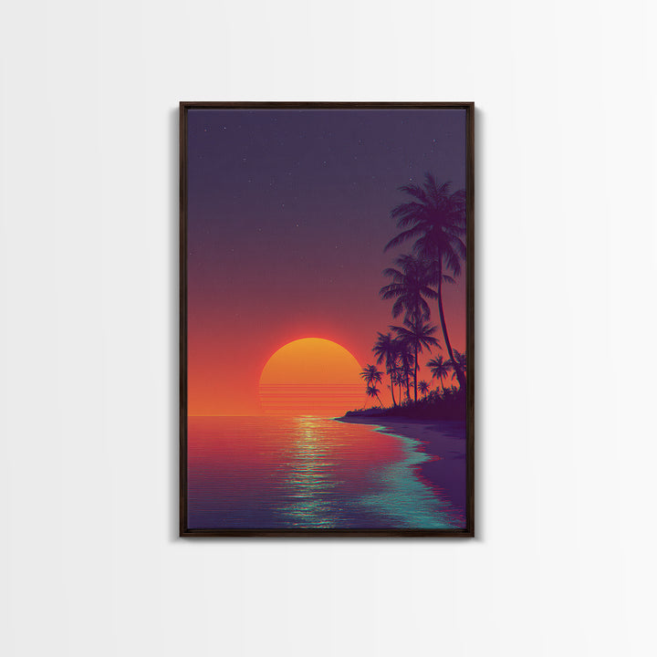Vibrant Retro Sunset Over Tropical Beach Digital Artwork Modern Wall Art Framed Canvas Print Coastal Home Decor