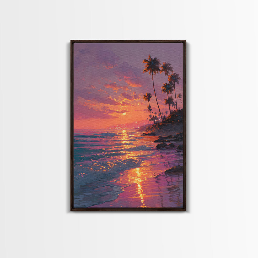 Palm Trees Sunset Beach Landscape Painting Wall Art Canvas Print For Cozy Living Room Modern Coastal Wall Decor