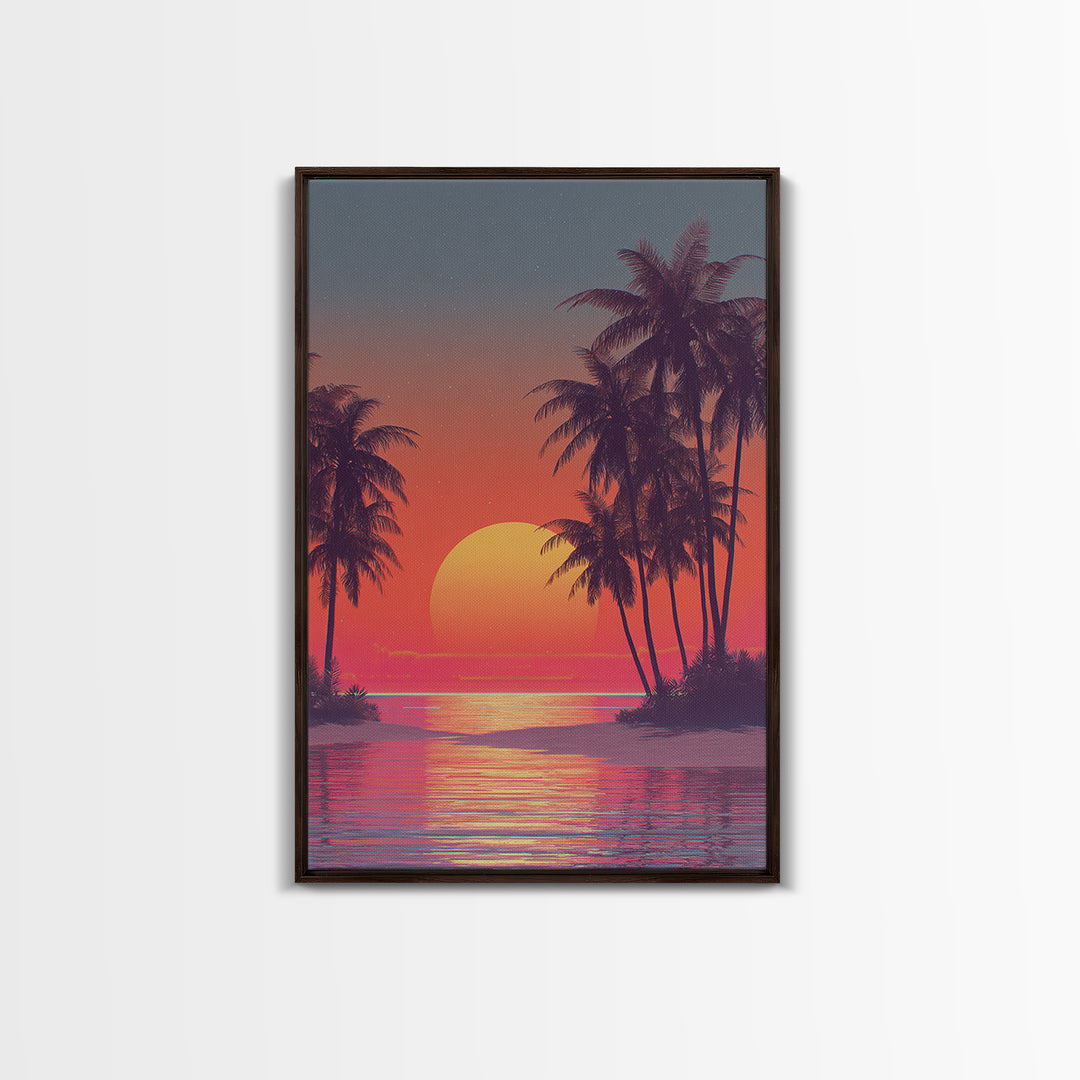 Tropical Sunset Beach Scene Wall Art With Palm Trees And Vibrant Coral Sky Framed Canvas Print Perfect For Coastal Home Decor