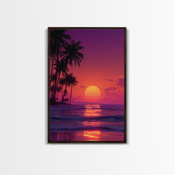 Vibrant Retro Sunset Beach Palm Tree Painting Wall Art Print For Bedroom And Coastal Home Decor Canvas Print