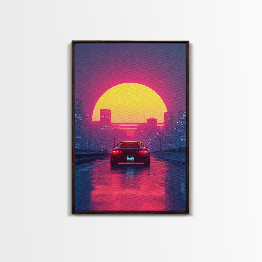 Retro Futuristic Neon Cityscape With Classic Car Sunset Wall Art Canvas Print Gaming Room Decor Modern Urban Art