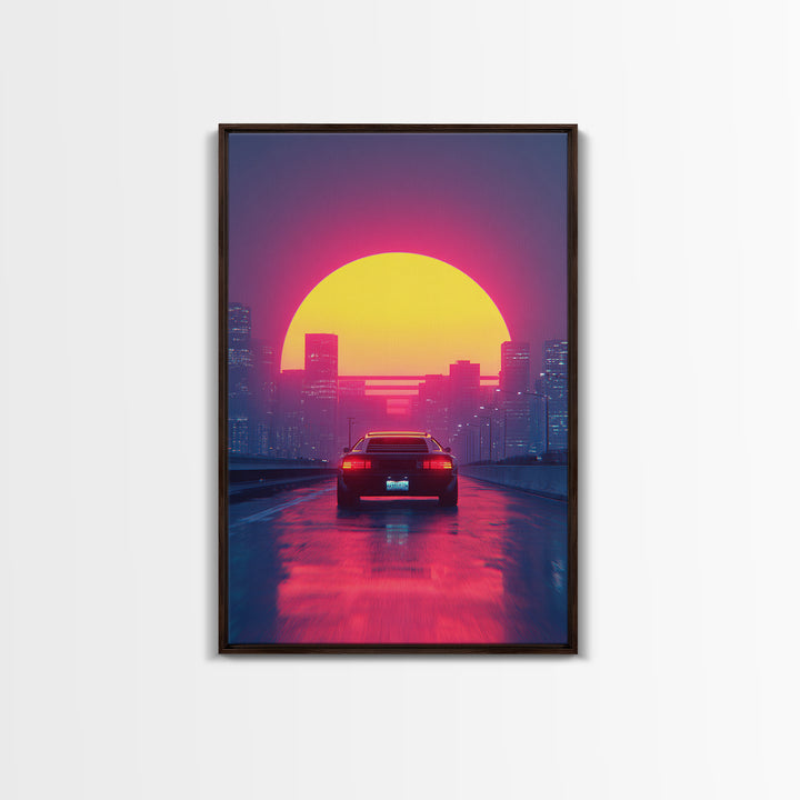 Retro Futuristic Neon Cityscape With Classic Car Sunset Wall Art Canvas Print Gaming Room Decor Modern Urban Art