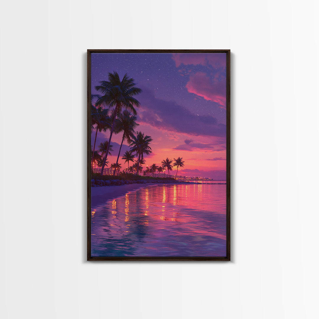 Vibrant Miami Beach Twilight With Palm Trees And City Lights Wall Art Print Canvas Wall Art Coastal Home Decor Gift For Beach Lovers