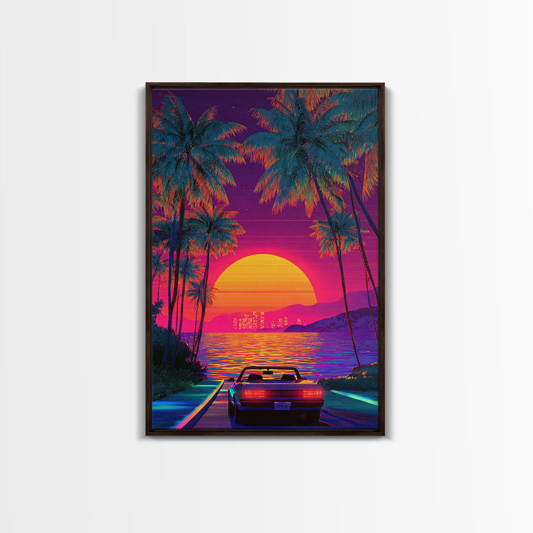 Retrowave Neon Sunset With Palm Trees And Convertible Car Canvas Print For Modern Wall Art Coastal Home Decor