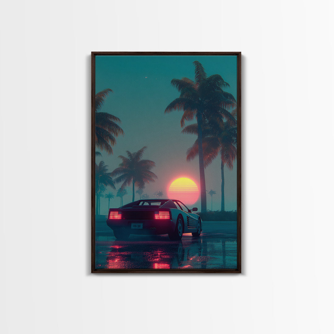 Retro Futuristic Car At Sunset Surrounded By Palm Trees With Neon Glow Vibrant Digital Art Canvas Print