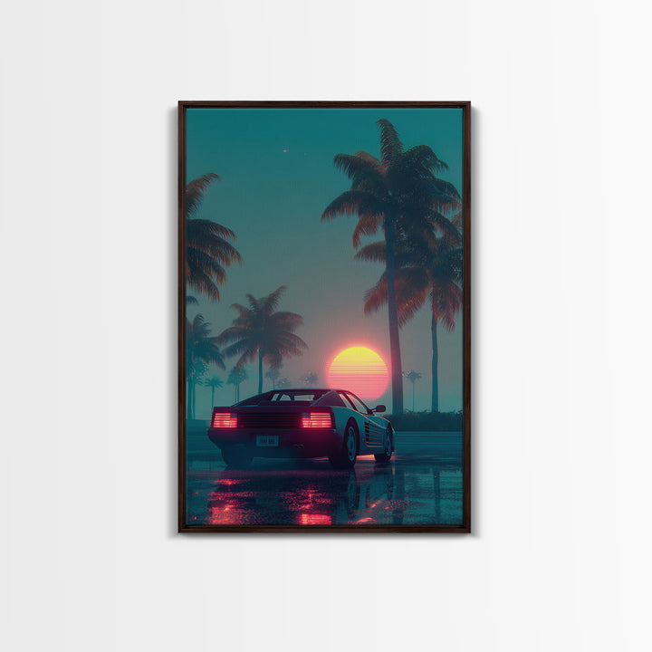 Retro Futuristic Car At Sunset Surrounded By Palm Trees With Neon Glow Vibrant Digital Art Canvas Print