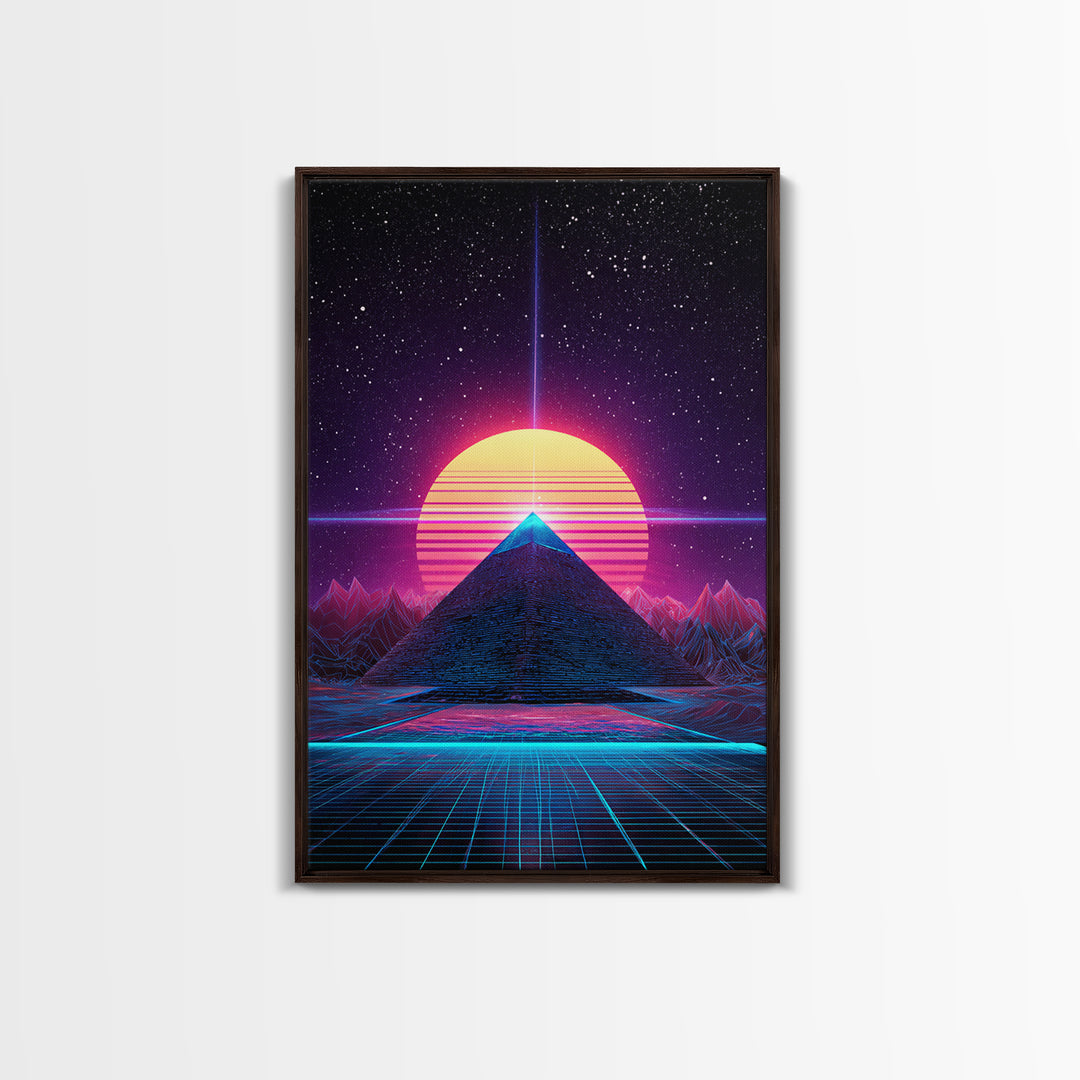 Retro Futuristic Neon Pyramid With Sun And Stars Canvas Print Modern Wall Art For Sci Fi Home Decor And Office