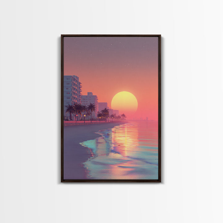 Peaceful Urban Beach Boardwalk Sunset Vibrant Wall Art Canvas Print For Contemporary Living Room Decor Tropical Coastal Vibes