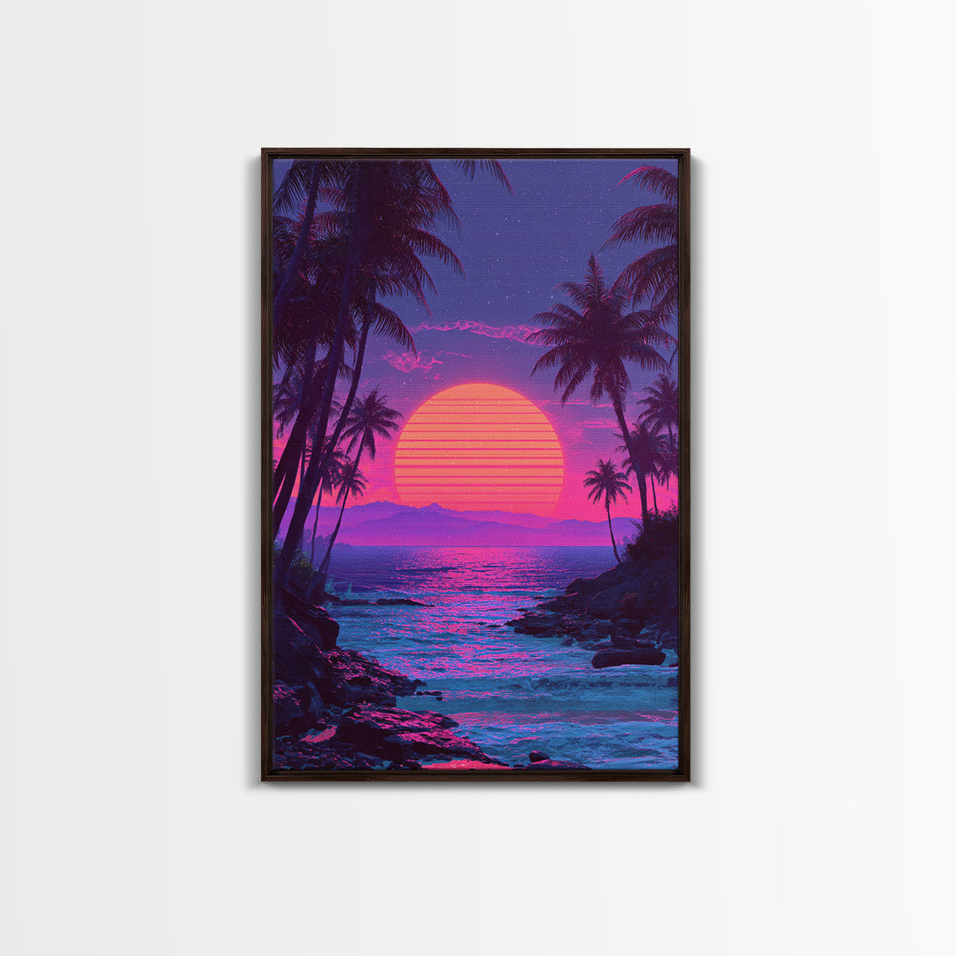 Vibrant Pink And Purple Tropical Beach Sunset With Palm Trees And Calm Ocean Retro Style Canvas Print
