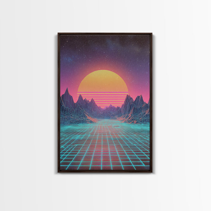 Retro Futuristic Synthwave Neon Sunset Over Wireframe Mountains Wall Art Print For Bedroom Decor Contemporary Canvas Print