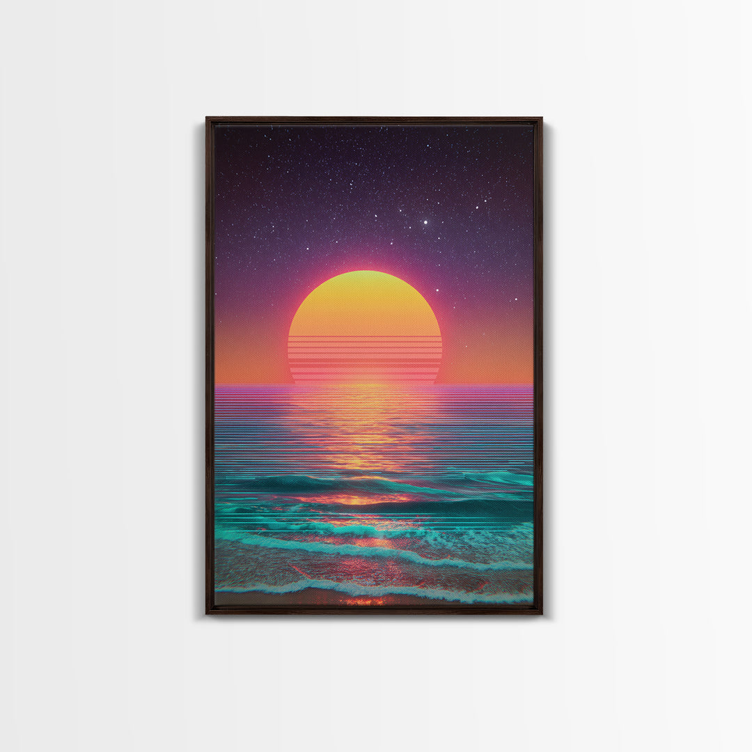 Digital Neon Sunset Ocean Wave Artwork Vibrant Abstract Modern Wall Art Large Framed Canvas Print Coastal Home Decor