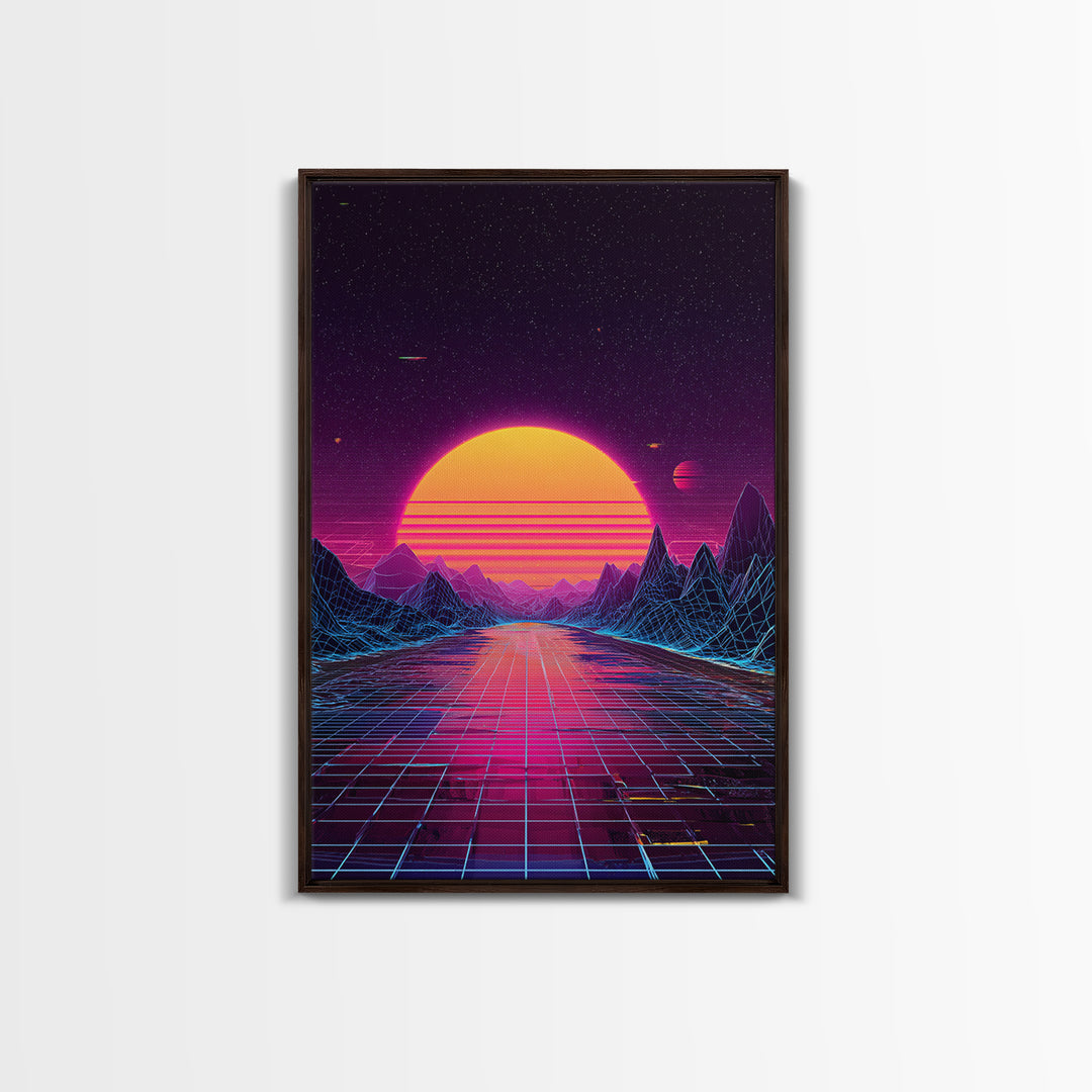 Retro Futuristic Sunset Landscape With Neon Grid Mountains And Starry Sky Wall Art Canvas Print For Modern Home Decor