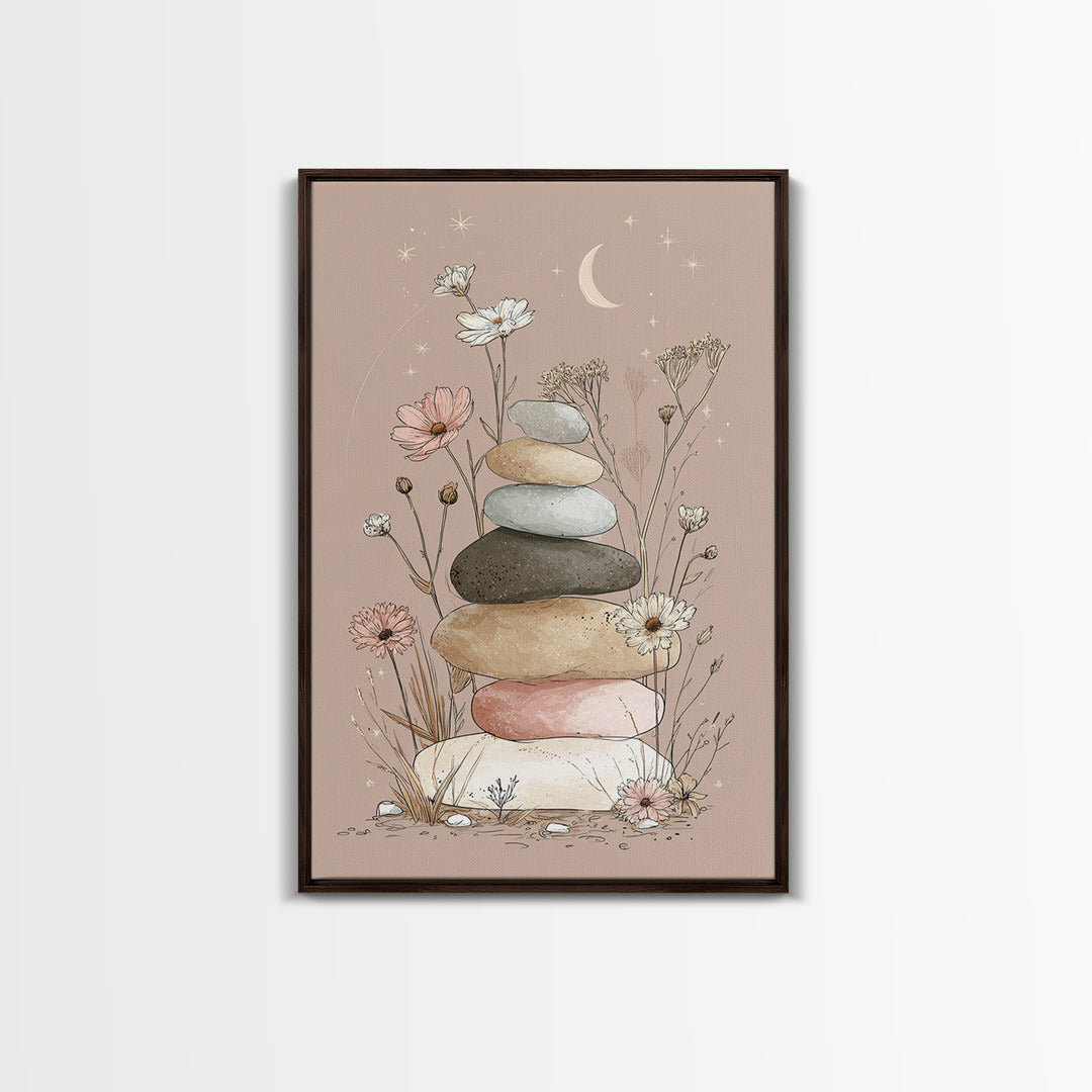 Stacked Zen Stones And Wildflowers Wall Art, Spa Bathroom Decor, Meditation Room Art, Neutral Boho Print, Calming Home Decor