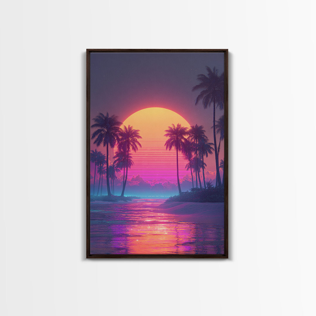 Vibrant Retro Sunset Over Tropical Beach With Palm Trees Large Wall Art Framed Canvas Print Coastal Home Decor