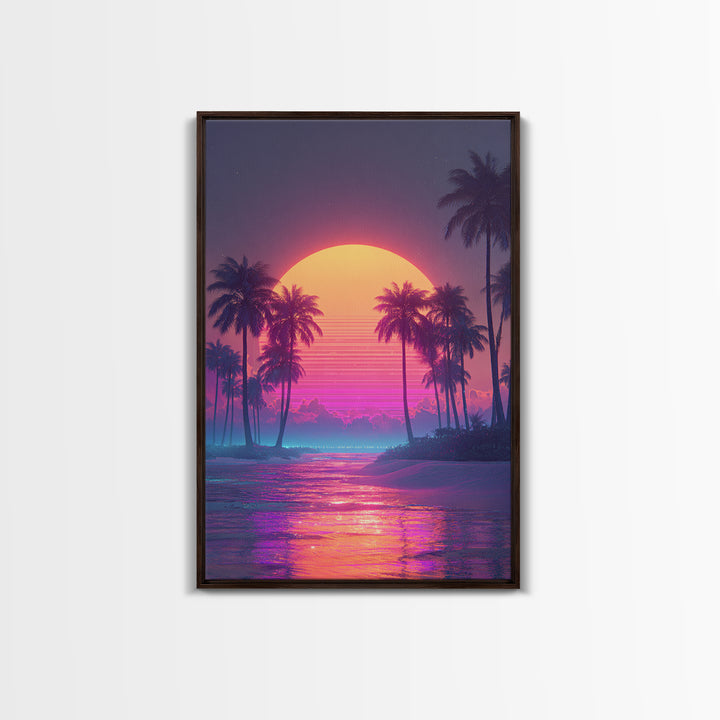 Vibrant Retro Sunset Over Tropical Beach With Palm Trees Large Wall Art Framed Canvas Print Coastal Home Decor