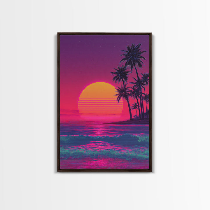 Vibrant Neon Sunset Beach With Palm Trees Retro 80s Themed Wall Art For Living Room Decor Framed Canvas Print