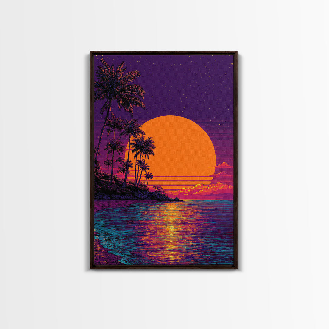 Tropical Sunset With Palm Trees Over Water Vibrant Coastal Wall Art Framed Canvas Print