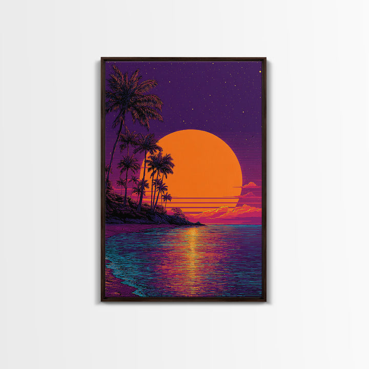 Tropical Sunset With Palm Trees Over Water Vibrant Coastal Wall Art Framed Canvas Print