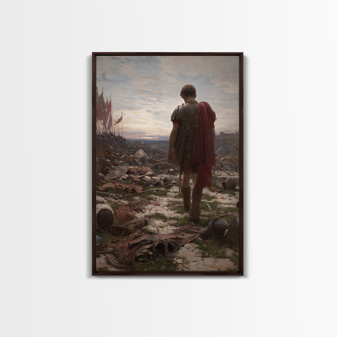 Lone Roman Soldier Framed Canvas Print, Battlefield Wall Art, Historical Warrior Oil Painting, Dark Academia Office Decor