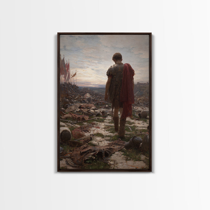 Lone Roman Soldier Framed Canvas Print, Battlefield Wall Art, Historical Warrior Oil Painting, Dark Academia Office Decor