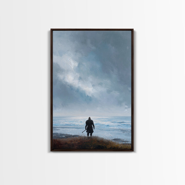 Lone Warrior Facing Cold Blue Sea Canvas Print, Minimalist Coastal Wall Art, Moody Seascape Living Room Decor, Above Bed Art