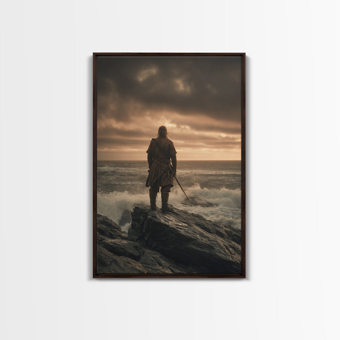 Lone Warrior On Stormy Shore Canvas Print, Moody Seascape Wall Art, Coastal Fantasy Decor, Masculine Bedroom Art Print Gift