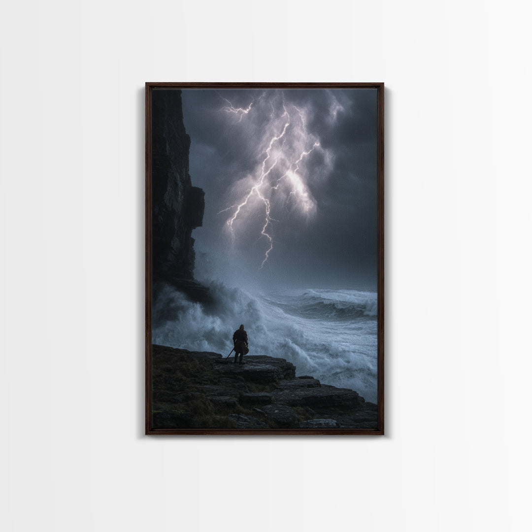Lone Warrior Beneath Lightning Storm Framed Canvas Print, Dark Seascape Wall Art, Dramatic Fantasy Decor Print, Gift For Him