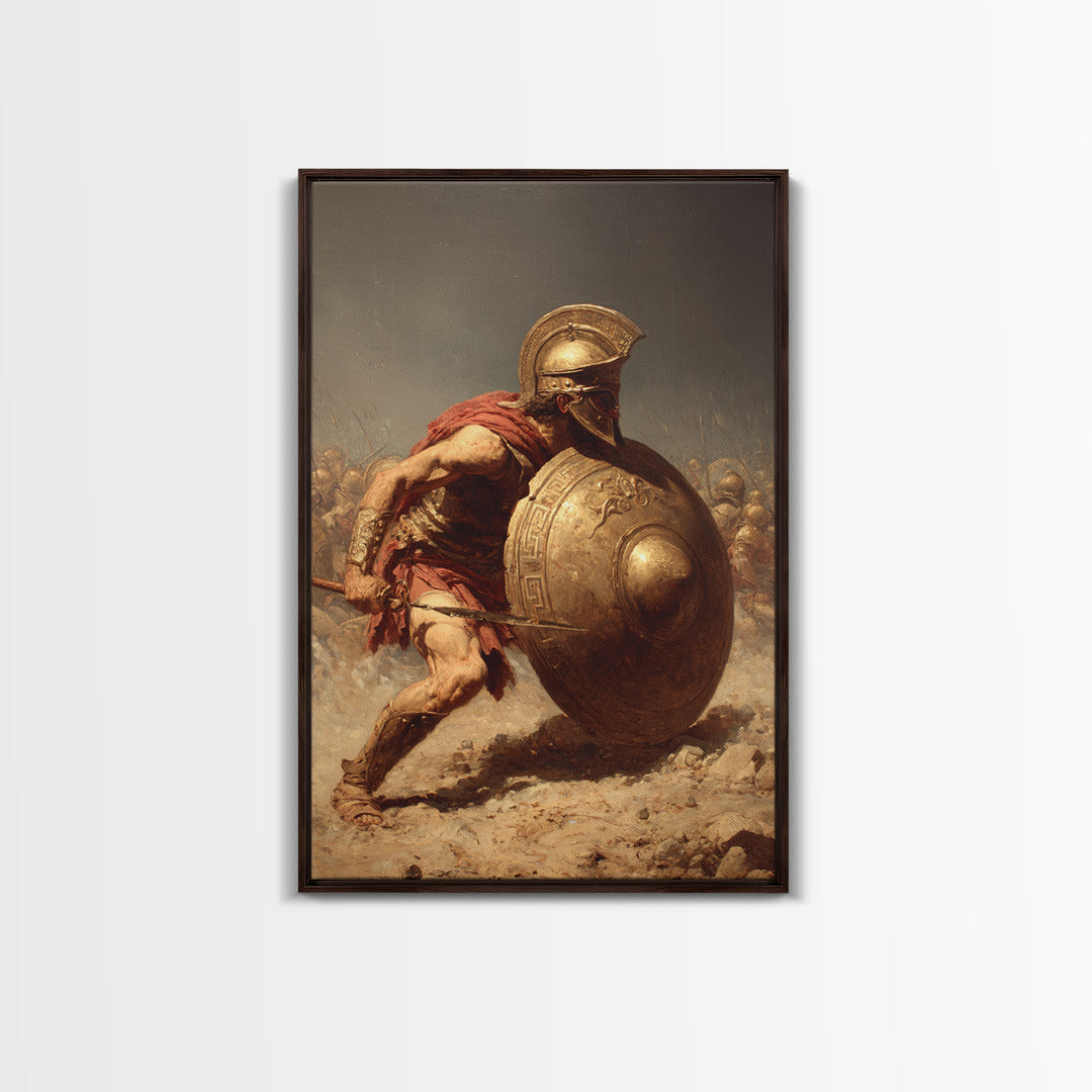 Ancient Greek Hoplite With Bronze Shield Wall Art, Spartan Warrior Canvas Print, Classical History Office Decor, Gift For Him