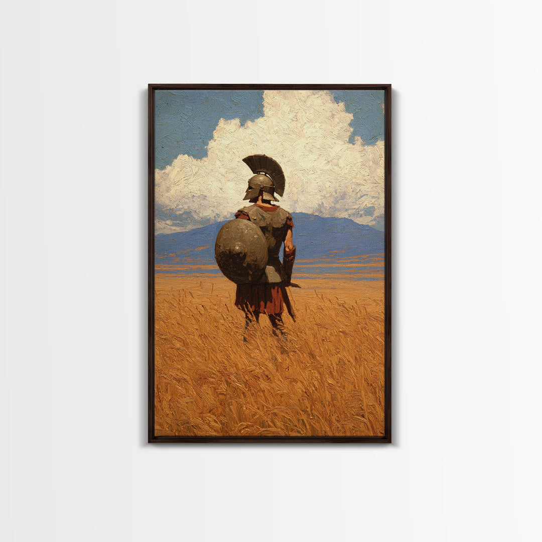 Spartan Warrior In Golden Field Canvas Print, Greek Hoplite Landscape Painting, Ancient History Wall Decor For Office Gift