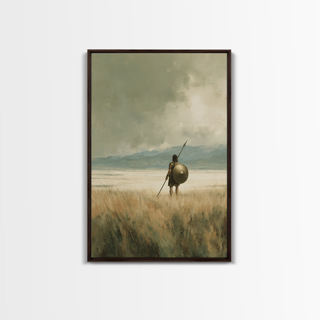 Solitary Spearman With Round Shield In Misty Field Wall Art, Ancient Warrior Canvas Print For Neutral Rustic Home Decor And Gift
