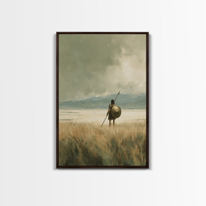 Solitary Spearman With Round Shield In Misty Field Wall Art, Ancient Warrior Canvas Print For Neutral Rustic Home Decor And Gift