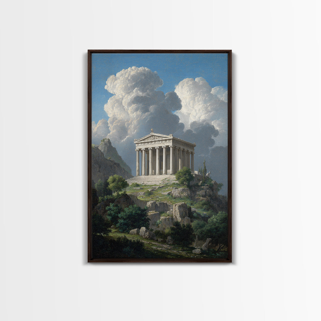 Ancient Greek Temple Under Towering Clouds Canvas Print, Classical Landscape Wall Art, Mediterranean Home Decor, Fine Art
