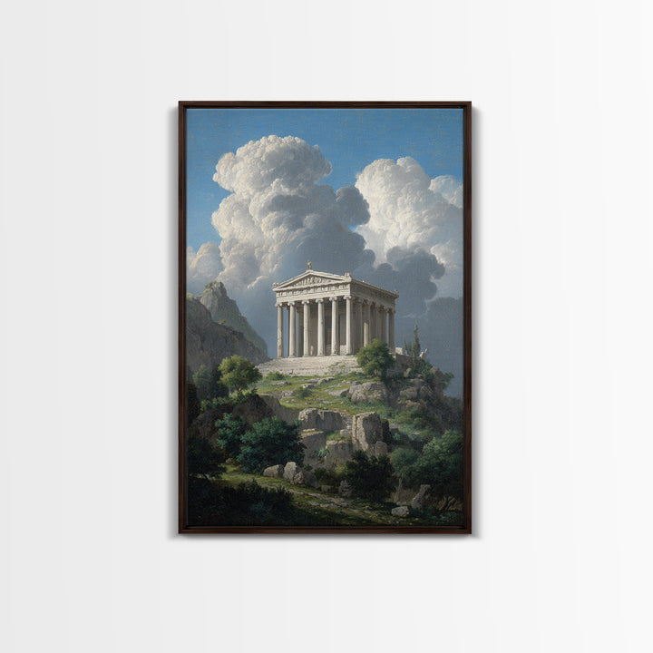Ancient Greek Temple Under Towering Clouds Canvas Print, Classical Landscape Wall Art, Mediterranean Home Decor, Fine Art