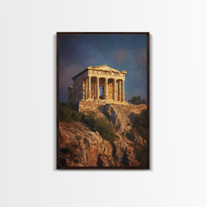 Golden Greek Temple On Rocky Hill Wall Art, Ancient Greece Landscape Painting, Mediterranean Decor, Travel Art Print, Gift For Him