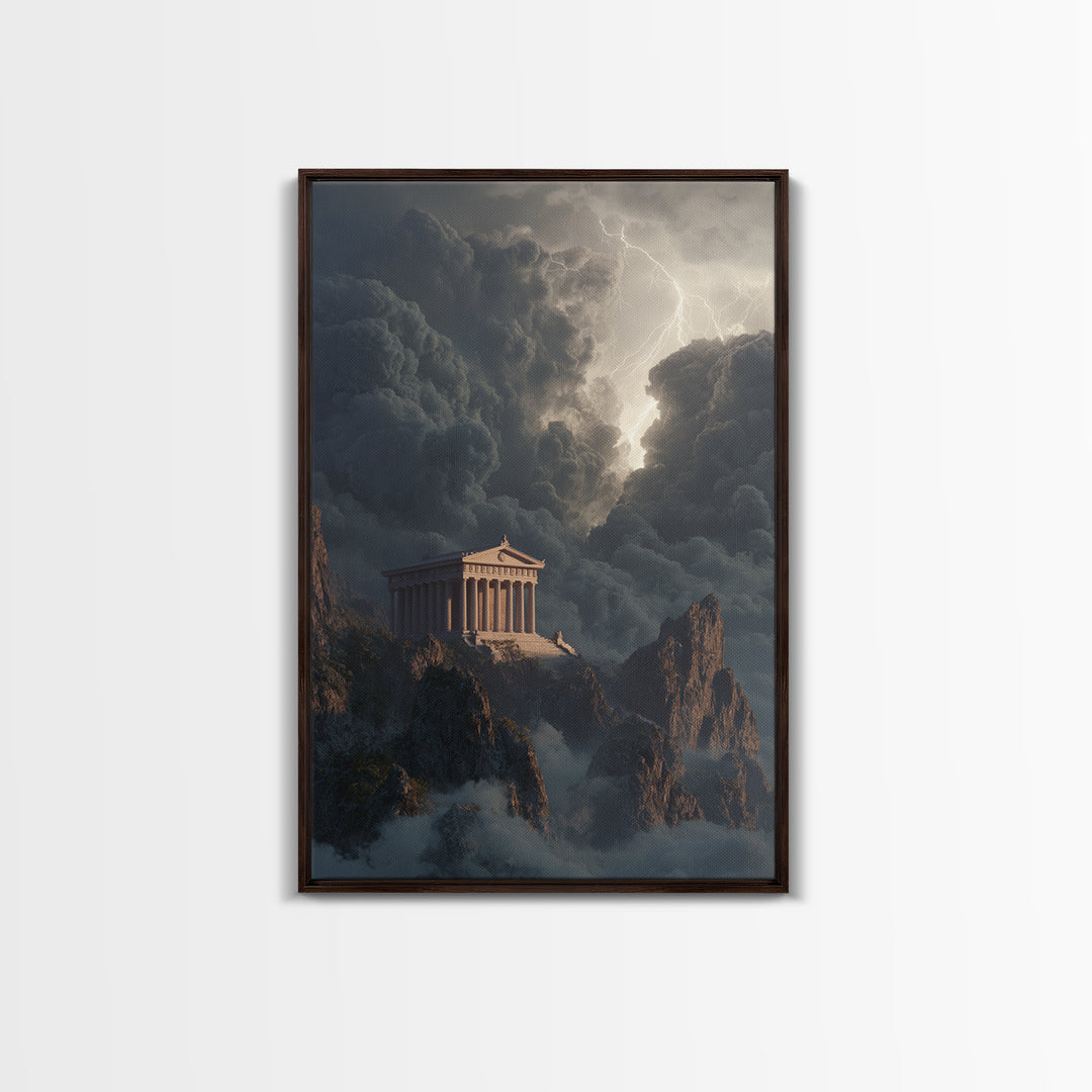 Ancient Greek Temple In Lightning Storm Framed Canvas Print, Mythological Wall Art, Dramatic Landscape Decor, Office Art