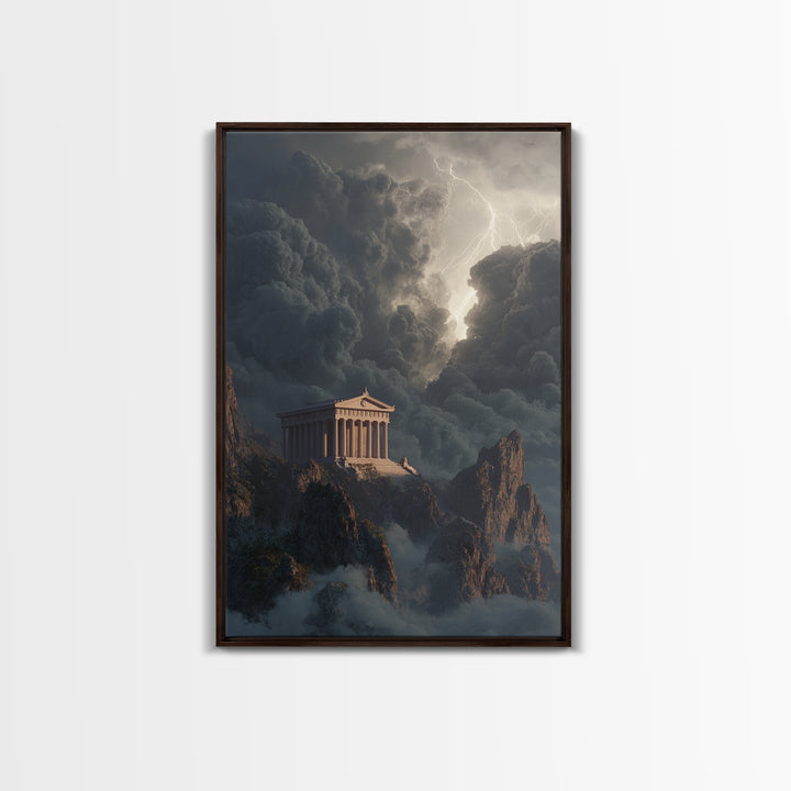 Ancient Greek Temple In Lightning Storm Framed Canvas Print, Mythological Wall Art, Dramatic Landscape Decor, Office Art