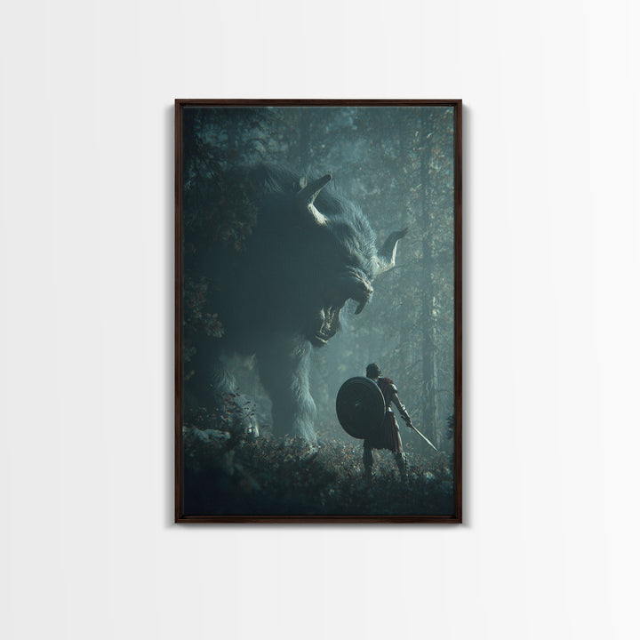 Warrior Facing Giant Wolf In Forest Wall Art, Dark Fantasy Canvas Print, Mythical Creature Decor, Gift For Gamer, Adventure Art