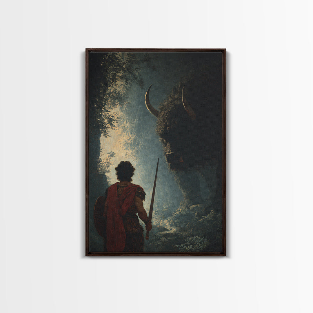 Warrior Facing Shadowed Minotaur Wall Art, Dark Fantasy Oil Painting, Mythological Art Print, Gothic Home Decor Gift For Him