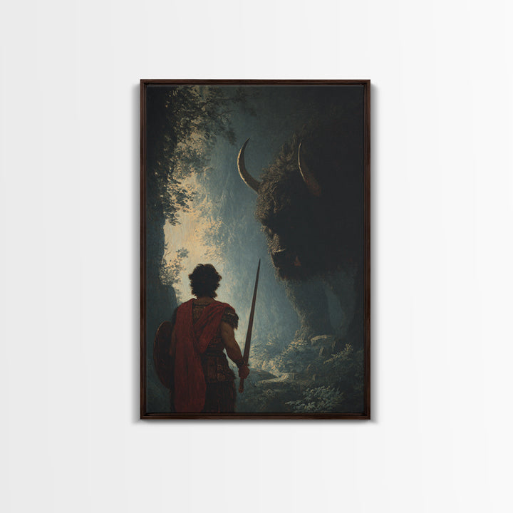 Warrior Facing Shadowed Minotaur Wall Art, Dark Fantasy Oil Painting, Mythological Art Print, Gothic Home Decor Gift For Him