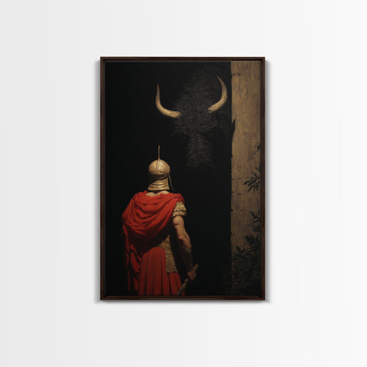 Roman Soldier Facing Shadowed Bull Framed Canvas Print, Mythological Art, Dark Academia Decor, Ancient Classical Wall Art