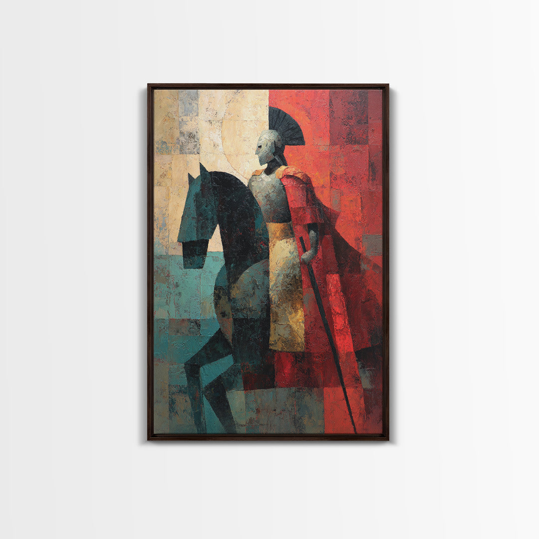 Abstract Roman Cavalry And Red Cloak Framed Canvas Print, Ancient Warrior Wall Decor, Modern Historical Art Print, Gift For Him