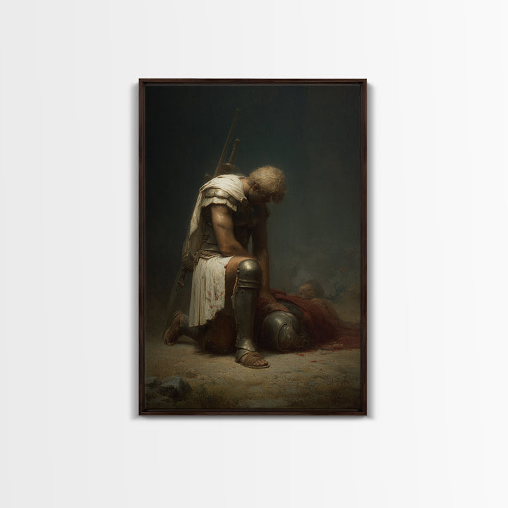 Kneeling Fallen Warrior Canvas Print, Dark Battle Wall Art, Classical Figurative Oil Painting, Moody Office Decor Gift For Him
