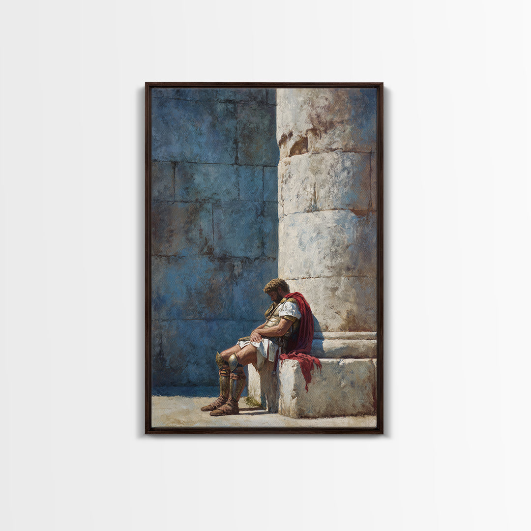 Resting Roman Soldier By Stone Column Wall Art, Ancient Classical Canvas Print, Historical Office Decor For Him, Housewarming Gift
