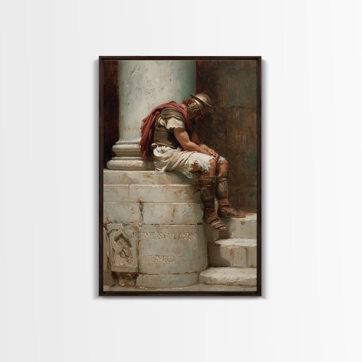 Sleeping Roman Soldier On Marble Steps Framed Canvas Print, Classical Wall Art, Ancient History Decor, Dark Academia Gift