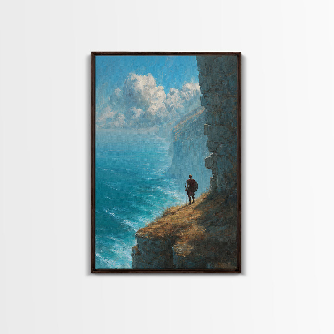 Epic Coastal Cliffside Warrior Painting Wall Art Canvas Print Dramatic Ocean View With Ancient Soldier For Home Decor