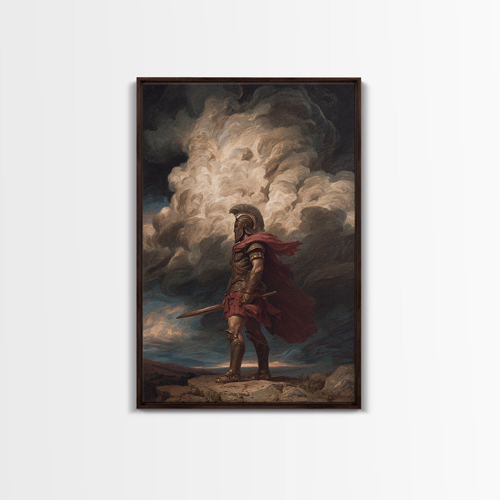 Roman Centurion Under Storm Clouds Framed Canvas Print, Classical Warrior Wall Art, Mythological Decor, Dramatic Office Art