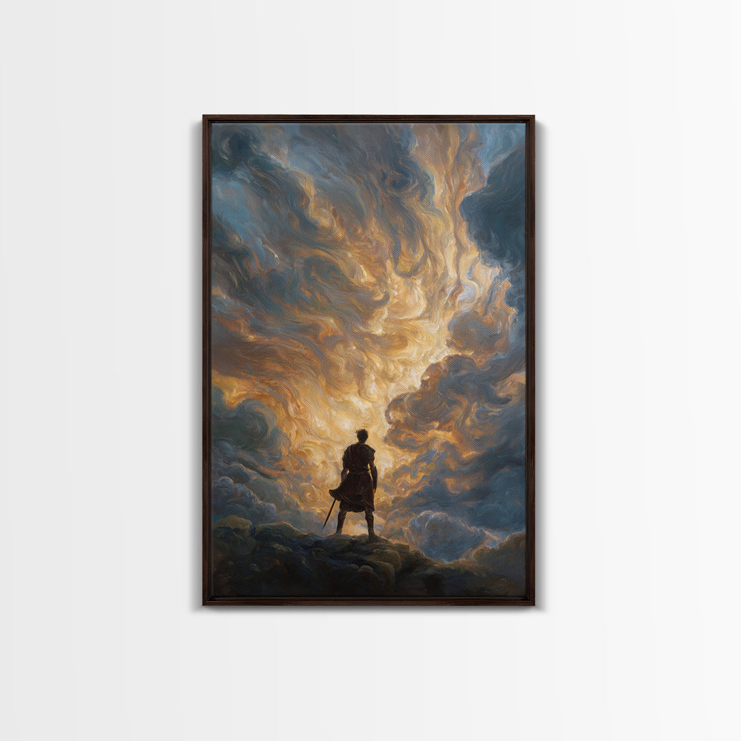 Lone Hero Beneath Golden Storm Clouds Wall Art, Epic Fantasy Canvas Print, Dramatic Sky Modern Living Room Decor, Office Decor