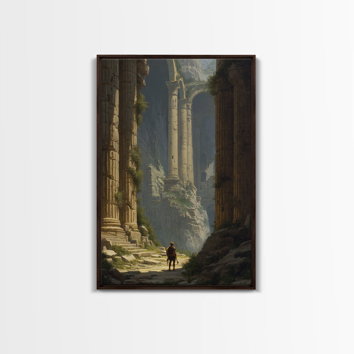 Lone Explorer In Monumental Ancient Ruins Wall Art, Fantasy Architecture Canvas, Classical Landscape Decor, Large Fine Art Print