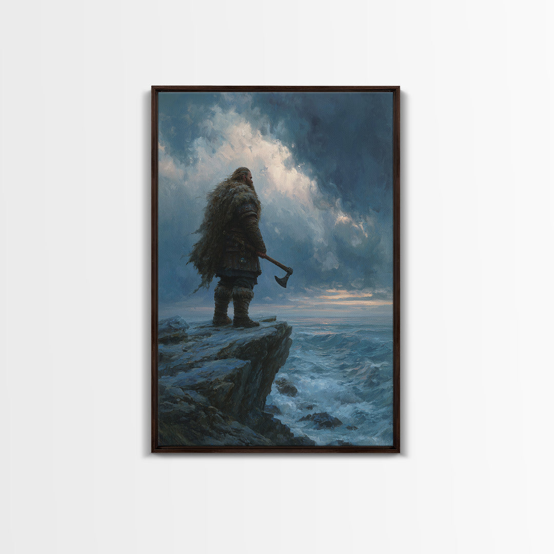 Viking Warrior On Stormy Ocean Cliff Wall Art, Norse Fantasy Canvas, Moody Seascape Print, Masculine Home Decor, Gift For Him